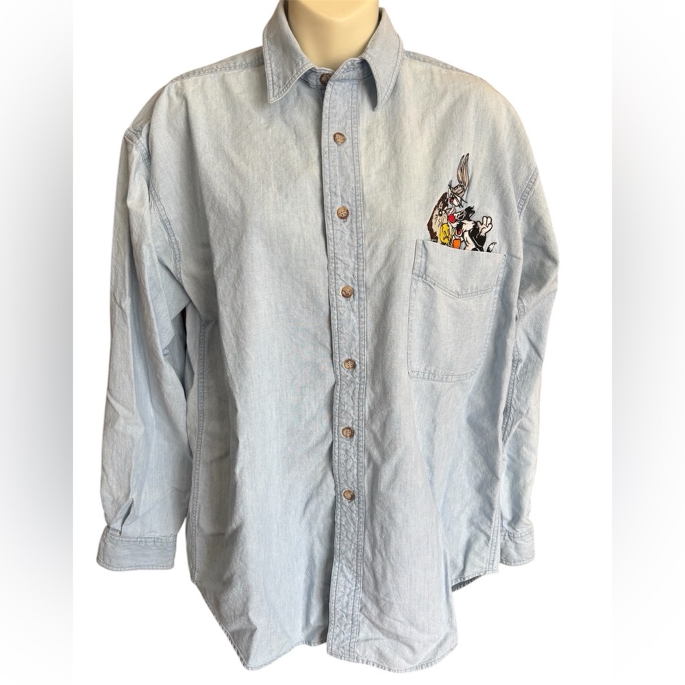 Vintage Light Blue Denim Shirt with Looney Toons Embroidery. Size Medium